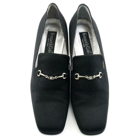 Worn Once Black KENNETH COLE Fabric Pumps Chunky Heels 8 SPAIN Horsebit Buckle - Picture 2 of 4